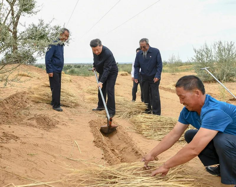 2019年8月21日，習(xí)近平來(lái)到甘肅省武威市古浪縣八步沙林場(chǎng)，實(shí)地察看當(dāng)?shù)刂紊吃炝?、生態(tài)保護(hù)等情況。新華社記者 謝環(huán)馳 攝