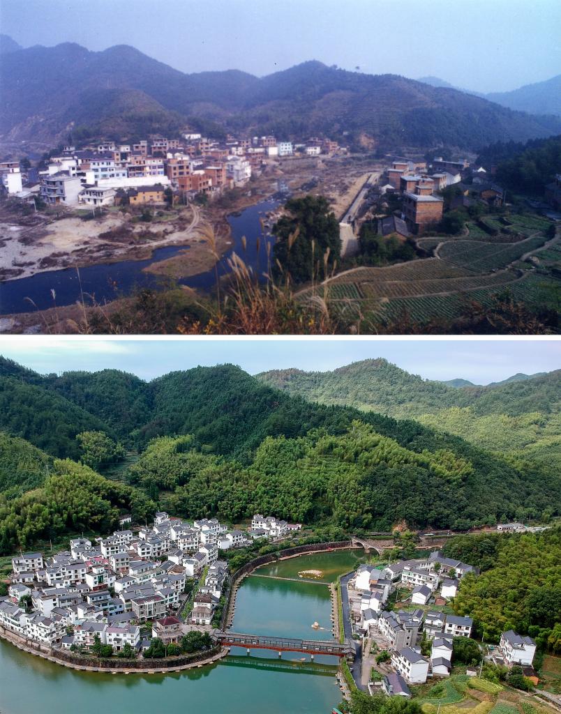 圖為浙江省杭州市淳安縣楓樹(shù)嶺鎮(zhèn)下姜村拼版圖，其中上圖為資料照片、下圖由新華社記者張鋮攝。
